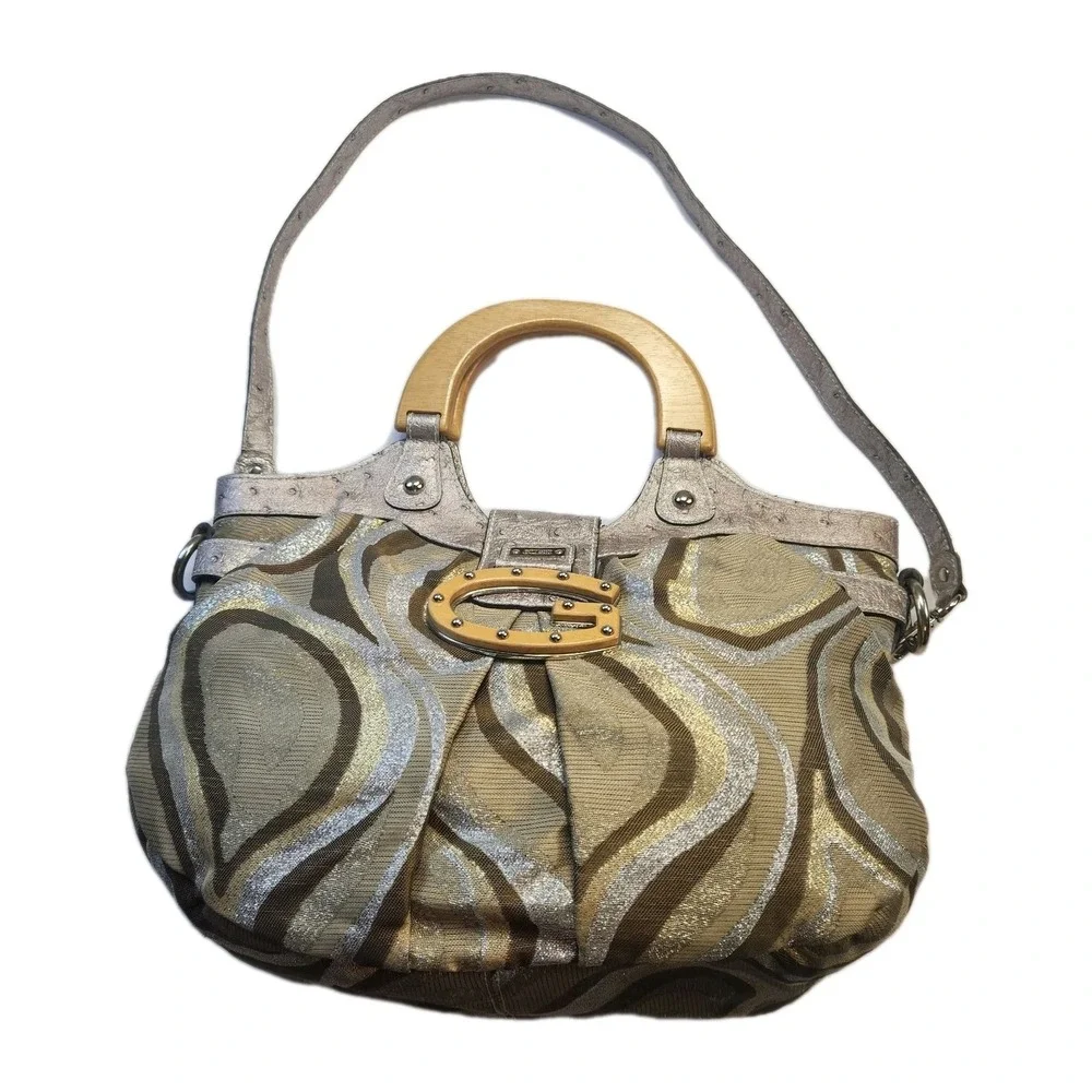 Vtg Guess Samba Metallic  Handbag Large Hobo Purse & Strap Retro Wood Handle‎
